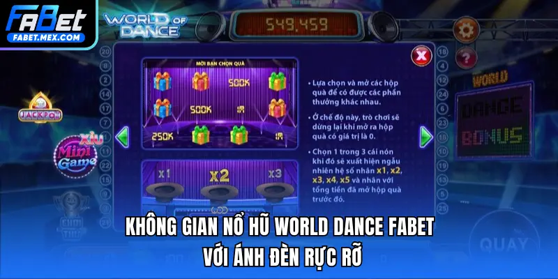 Không gian Nổ hũ World Dance FABET với ánh đèn rực rỡ