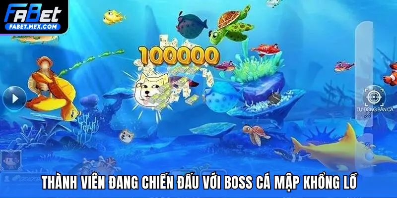 Thành viên đang chiến đấu với boss cá mập khổng lồ
